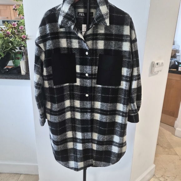 Zara Jackets & Blazers - NEW NWT Zara Black and White Plaid Shirt Jacket Size L With Rhinestone Buttons